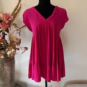 Hot Pink Y2K Babydoll Flowy Blouse / Beach Cover Up M